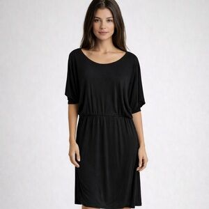 Black Draped Midi Dress Large Dolman Sleeve Ruched Hem Elastic Waist Trouvé